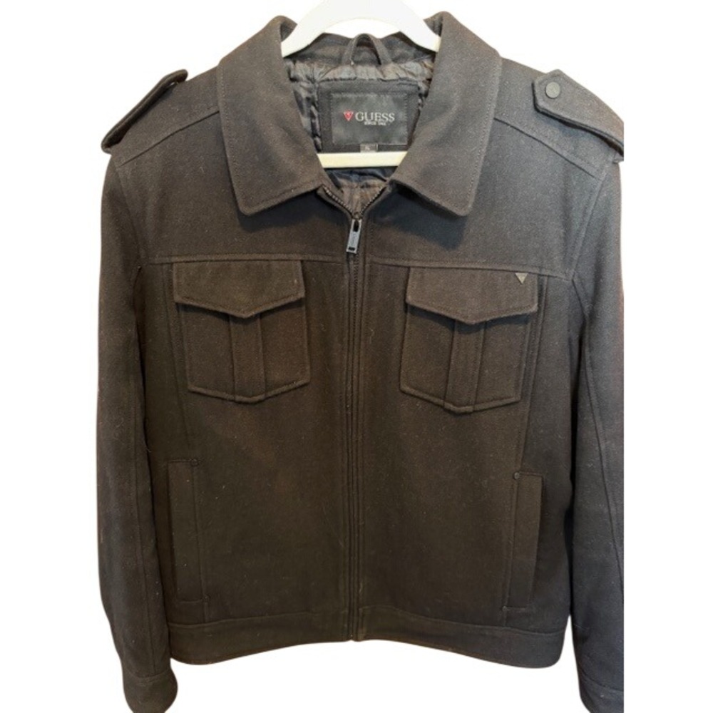 GUESS Men's Black Military Style Full‎ Zip Wool Blend Jacket Size XL Y2K